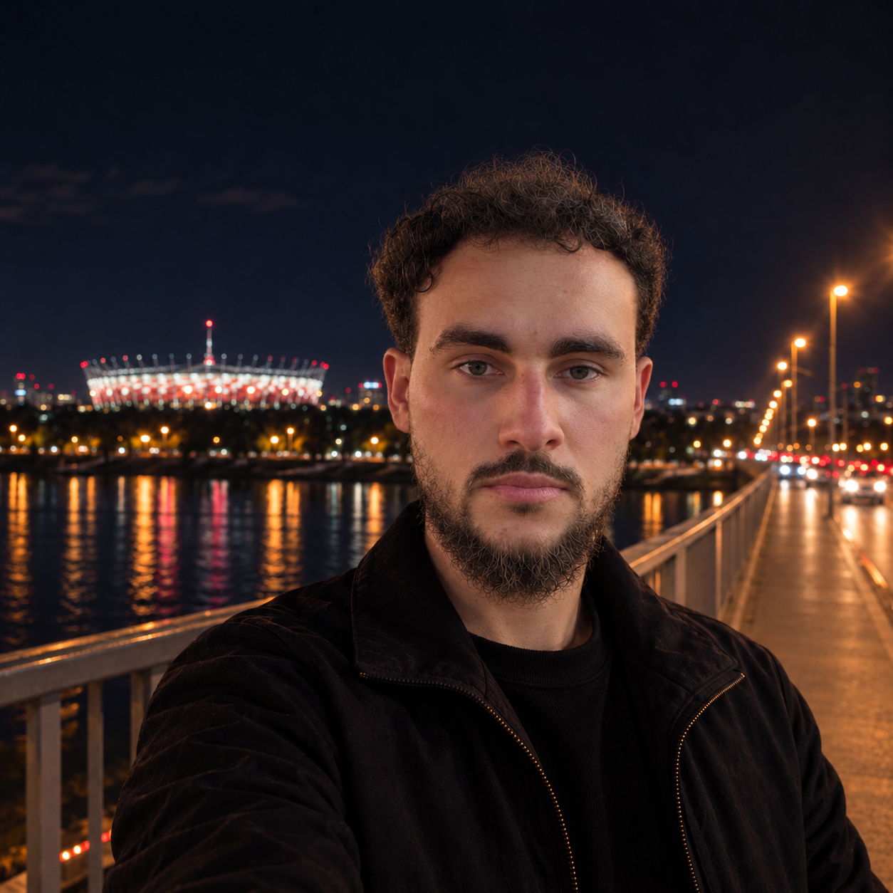 Mikołaj Grzejda nad Wisłą nocą, ze Stadionem Narodowym w tle