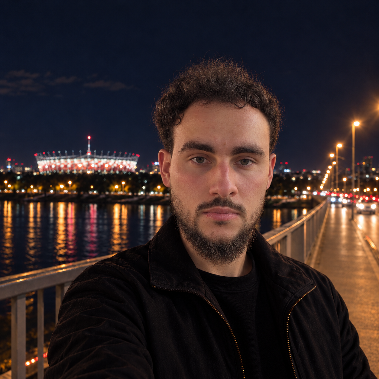 Mikołaj Grzejda by the Vistula at night, with Warsaw National Stadium behind him